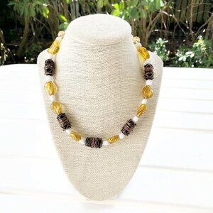 NWT Crystal & Glass Beaded Necklace Brown, Gold, White